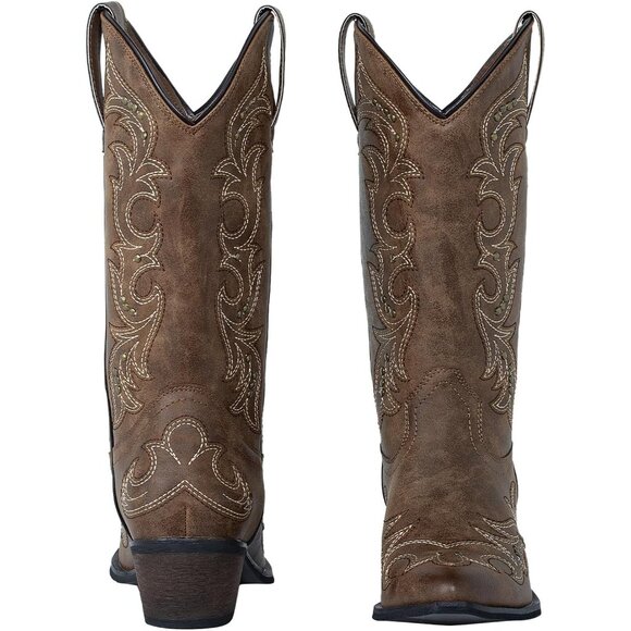 SheSole Western Boots Women Dark Brown Faux Leather Square Toe Wide Mid Calf - Picture 2 of 9